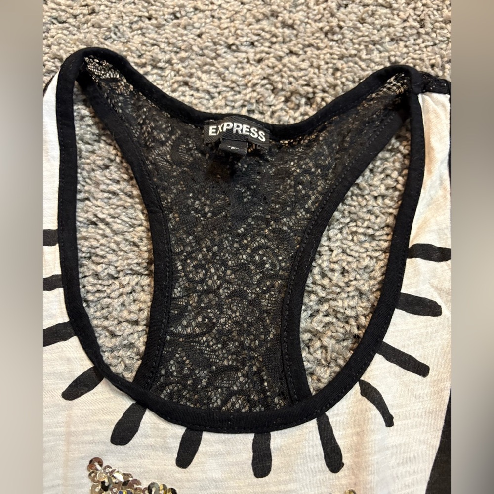 Women’s Express Black and White sequin Embellished Tank with black lace back, S - Picture 3 of 7